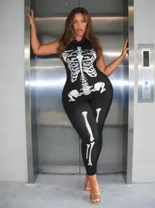 SHEIN SXY Plus Skeleton Print Unitard Jumpsuit - Black - View 1