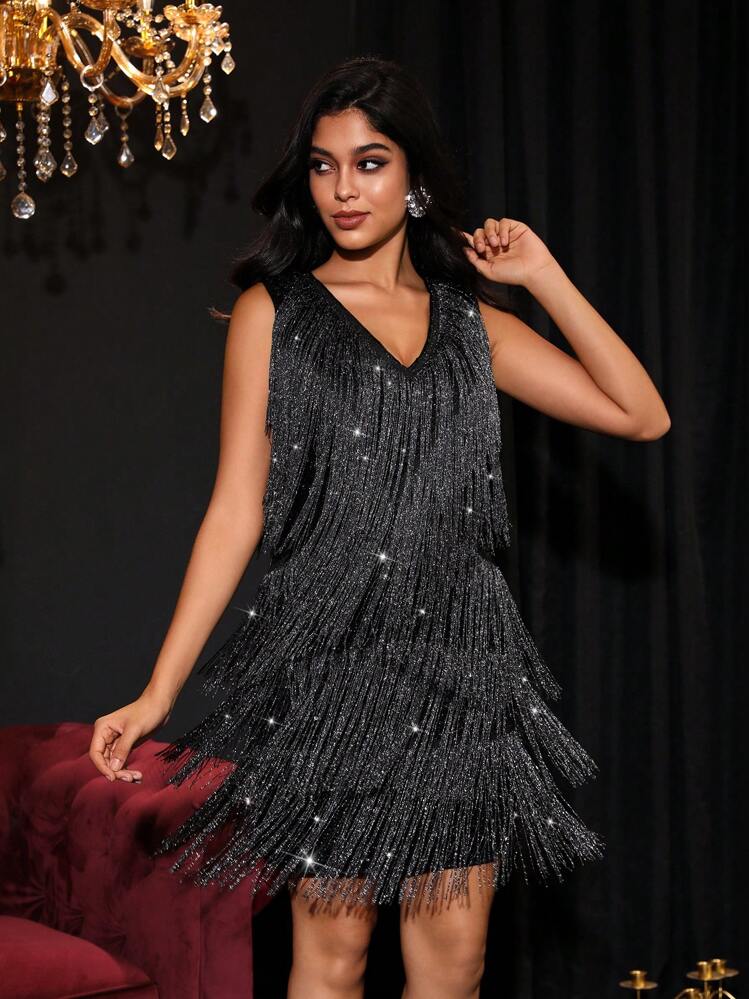 glitter shaggy dress フリンジパーティードレス SHEIN Unity パーティードレス フリンジトリム グリッター タンク