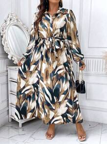 Celure Plus Allover Print Belted Shirt Dress - Yellow - View 1