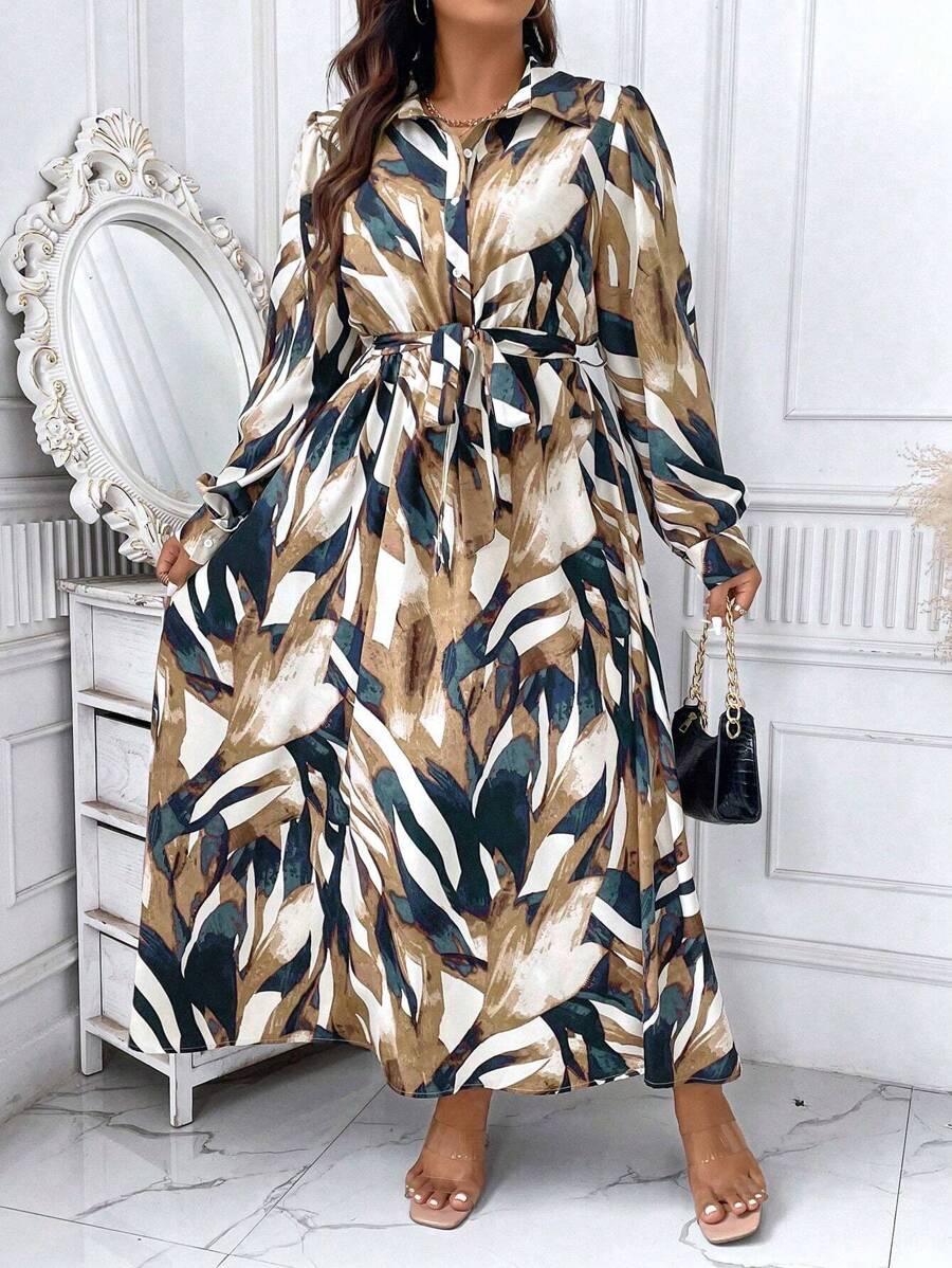 Celure Plus Allover Print Belted Shirt Dress - Yellow - View 1