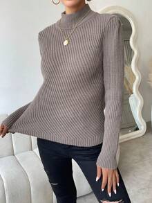 Chiquease Mock Neck Ribbed Knit Pullover Fall Winter Sweater - Mocha Brown - View 5