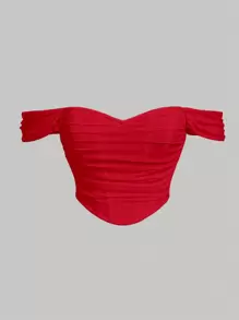 SHEIN MOD Off-Shoulder geraffte Bandana Saum geraffte Netz Bodycon rotes Top, rotes aus der Schulter Top, rotes Bandeau Top, Trägerloses Top