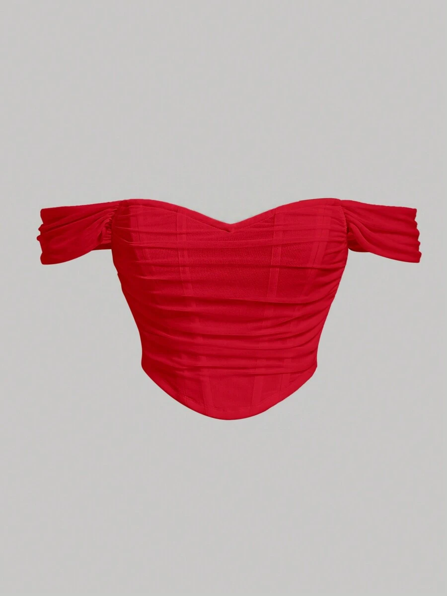SHEIN MOD Off-Shoulder geraffte Bandana Saum geraffte Netz Bodycon rotes Top, rotes aus der Schulter Top, rotes Bandeau Top, Trägerloses Top