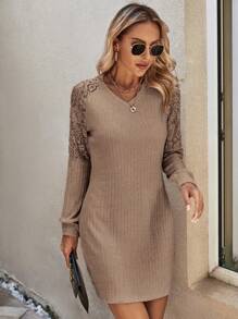 SHEIN LUNE Contrast Lace Raglan Sleeve Ribbed Knit Dress - Khaki - View 3