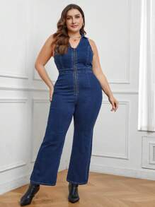 SHEIN LUNE Plus Zip Up Flare Leg Denim Jumpsuit - Blue - View 1