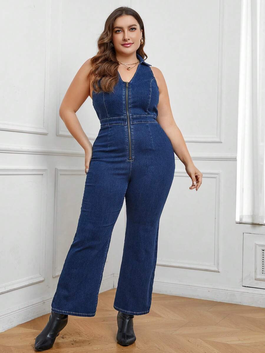 SHEIN LUNE Plus Zip Up Flare Leg Denim Jumpsuit - Blue - View 1