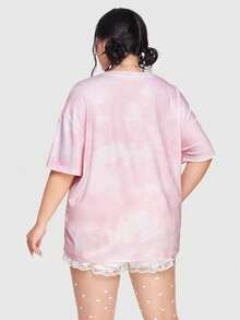 ROMWE Kawaii Plus Tie Dye Figure & Slogan Graphic Drop Shoulder Tee - Multicolor - View 3