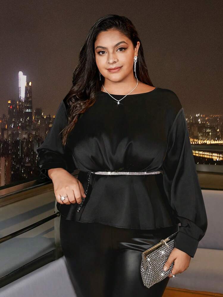 Plus Solid Wrap Back Peplum Blouse Without Belt