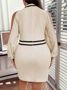 SHEIN Clasi Plus Striped Trim Cold Shoulder Lantern Sleeve Dress - Apricot - View 2