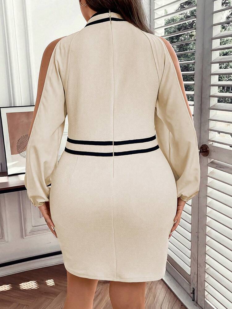 Plus Striped Trim Cold Shoulder Lantern Sleeve Dress