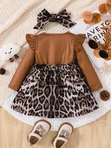 女嬰豹紋和標語圖案荷葉邊洋裝＆ 頭巾 - 彩色 - 查看 2