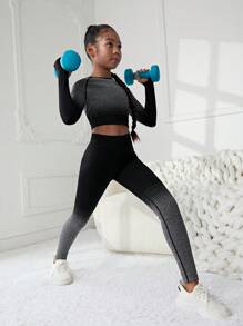 SHEIN Tween Girl Ombre Print Tummy Control Sports Tee & Leggings