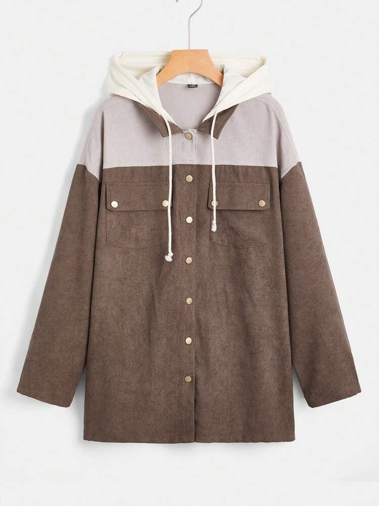 Plus Two Tone Drop Shoulder Drawstring Hooded Coat