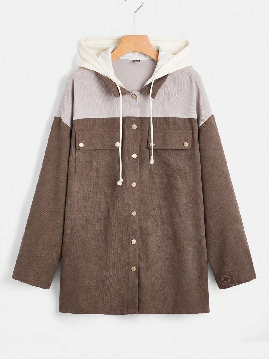 SHEIN EZwear Plus Two Tone Drop Shoulder Drawstring Hooded Coat - Multicolor - View 1