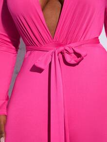 Slaydiva Plus Plunging Neck Belted Jumpsuit - Hot Pink - View 3