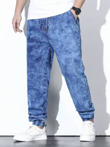 Extended Sizes Nam Plus Dây Rút Eo Quần Jogger Jean Dài Giặt Denim Quần Jogger Jean Hàng Hóa Đồng Bằng Xanh Da Trời Tập Luyện Kích Thước - Màu xanh lam - Xem 3