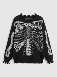 ROMWE Grunge Punk Skeleton Pattern Ripped Trim Sweater - Black and White - View 1
