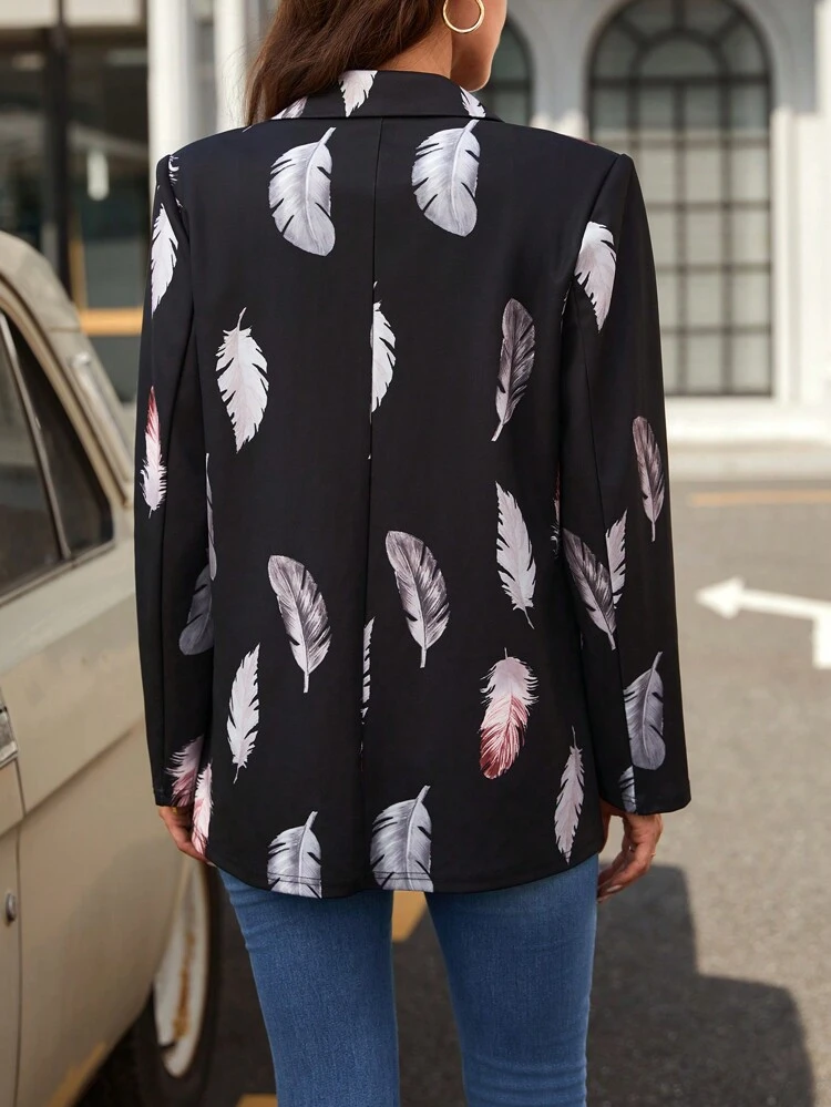 Feather Print Lapel Collar Single Button Blazer