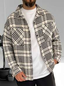Manfinity Homme Loose Fit Men's Plaid Print Pocket Patched Coat Without T-Shirt - Khaki - View 1