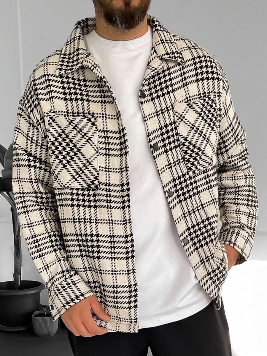 Manfinity Homme Loose Fit Men's Plaid Print Pocket Patched Coat Without T-Shirt - Khaki - View 1