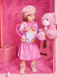 Baby Mädchen T-Shirt mit Stehkragen, Rock und Schal mit Cartoon Grafik