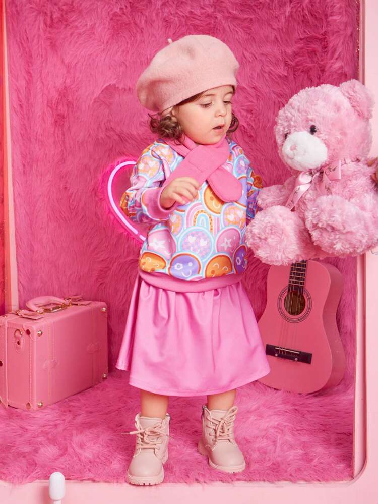 Baby Girl Cartoon Graphic Mock Neck Tee & Skirt & Scarf