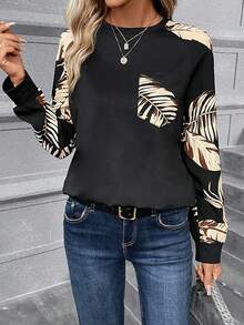 SHEIN Frenchy 熱帶圖案插肩袖補丁貼口袋運動衫 - 黑色 - 查看 4