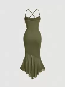 SHEIN MOD Crisscross Backless Swing Collar Ruffle Trim Mermaid Hem Green Cami Dress - Army Green - View 2