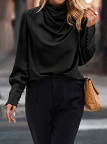 SHEIN Clasi 垂領紐扣細節襯衫 - 黑色 - 查看 1