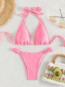 Swim Mod Star Flocked Halter Bikini Set - Pink - View 6