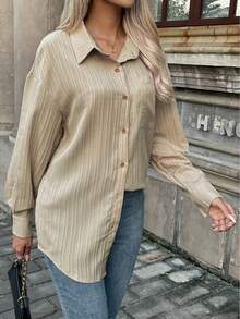 SHEIN Essnce Drop Shoulder Button Front Shirt - Apricot - View 3