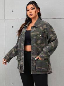SHEIN ICON Plus Camo Print Drop Shoulder Denim Jacket - Multicolor - View 3