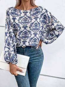 SHEIN VCAY 滿版印花不對稱領燈籠袖襯衫 - 藍色 - 查看 5