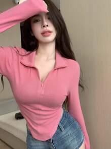 DAZY Solid Zipper Front Curved Hem Tee,Fall Clothes Long Sleeve Women Tops - Hot Pink - View 1