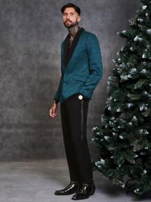 SHEIN 男士滿版印花青果領西裝外套&西裝褲套裝 - 藍色 - 查看 4