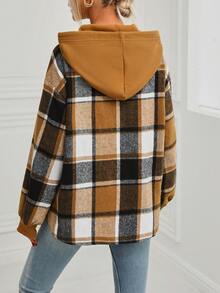 SHEIN LUNE 格紋印花落肩袖抽繩連帽衫 - 棕色 - 查看 2