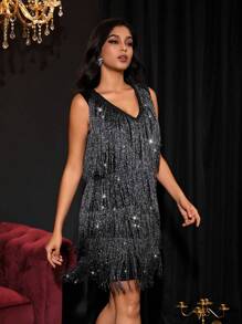SHEIN Unity Váy Tank Dress tua rua lấp lánh cho trang phục dự tiệc ngày lễ trang phục sequin cho phụ nữ - màu đen - Xem 4