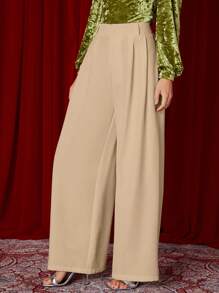 SHEIN Privé Solid Wide Leg Pants - Khaki - View 5