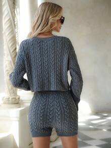 EURMUSE Solid Color Twist Knitted Drop Shoulder Sweater And Shorts Set - Grey - View 2