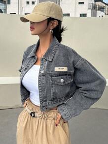 DAZY Chi tiết Patched thư Thả vai Áo khoác denim - Màu Xám nhạt - Xem 1