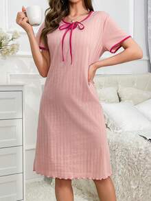 Contrast Binding Tie Neck Nightdress - Pink - View 5