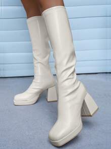 Women's Fashion Boots, Western Boots, Tall Boots, New Autumn/Winter Thick Heel High Shaft Boots, Knight Boots, Waterproof Platform, Back Zipper Boots,Knee High Boots - Beige - View 5