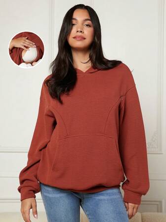 MaterniWear Maternity Drop Shoulder Kangaroo Pocket Nursing Hoodie With Long Sleeve