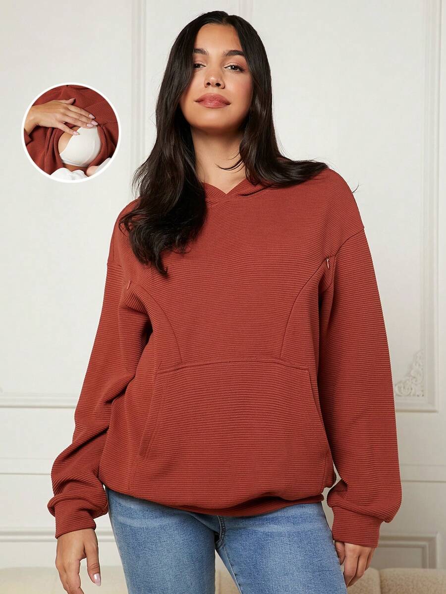 MaterniWear Maternity Drop Shoulder Kangaroo Pocket Nursing Hoodie With Long Sleeve