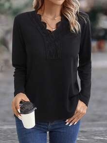 SHEIN LUNE Guipure Lace Trim Ribbed Knit Tee - Black - View 3