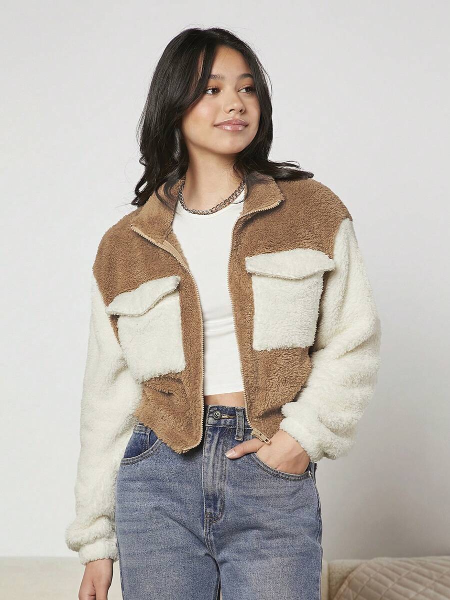 Thiếu niên cô gái Khối màu Túi có nắp Thả vai Áo Teddy Jackets - Nhiều màu - Xem 1