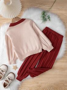 SHEIN Young Girl Contrast Trim Sweater & Pleated Sweater Pants - Beige - View 2