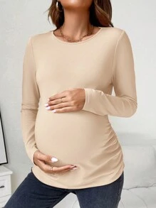 SHEIN Maternity Solid Ruched Side Tee - Apricot - View 5