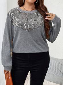 SHEIN LUNE Plus Contrast Sequin Drop Shoulder Sweatshirt Pullover Fall Sweatshirt - Grey - View 5