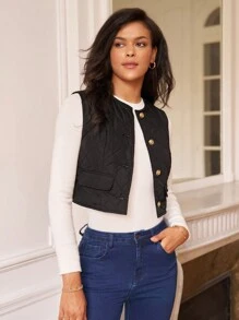 SHEIN Frenchy 連結封口無袖冬季背心夾克 - 黑色 - 查看 3